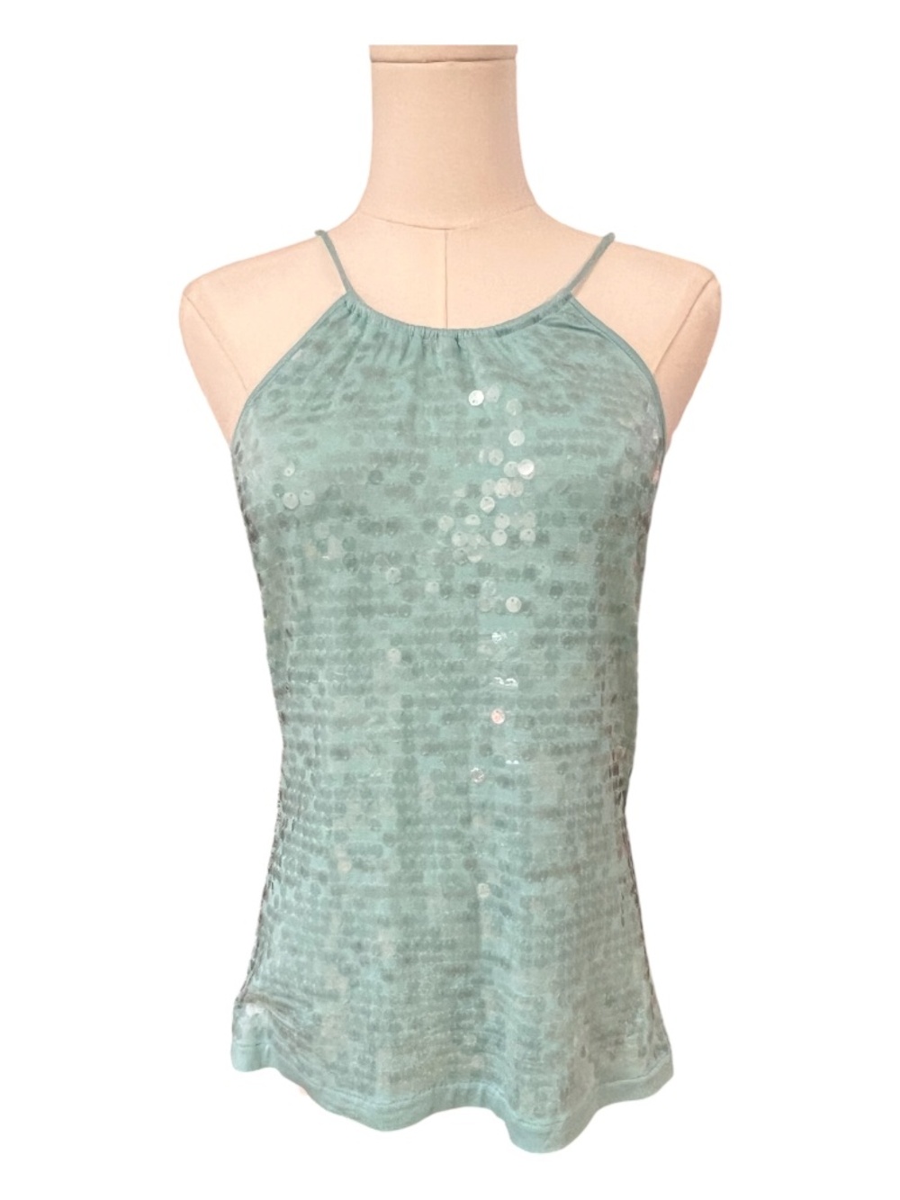 NWT Kenar Sage Green Sequin Halter Top Relaxed Fit Shimmer Tank | Size M
